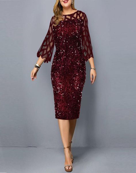 2022 sparkle burgundy sequin sheath mother of the bride dress jewel neck 34 length sleeve tea length groom party gowns robe de so8265485, Black;red